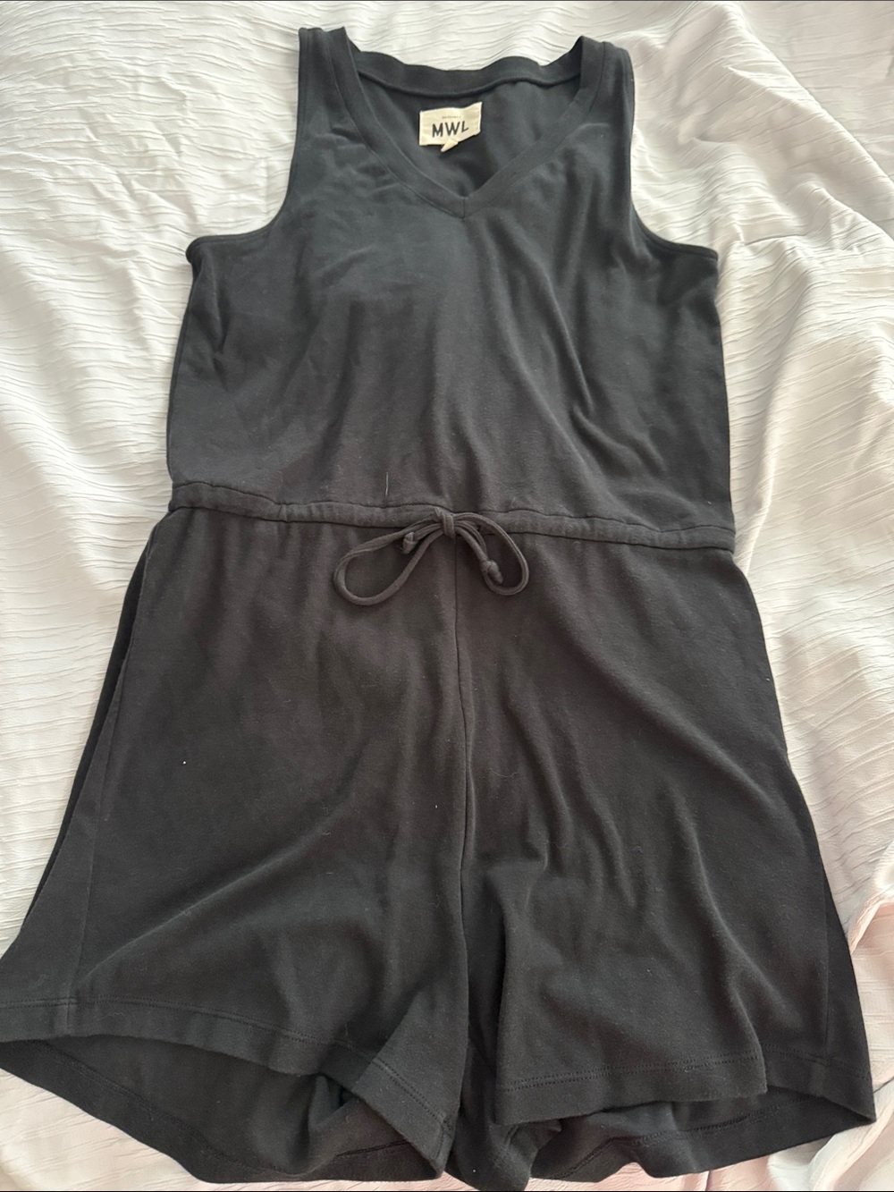 Madewell Black Sleeveless V-Neck Romper with Drawstring Waist